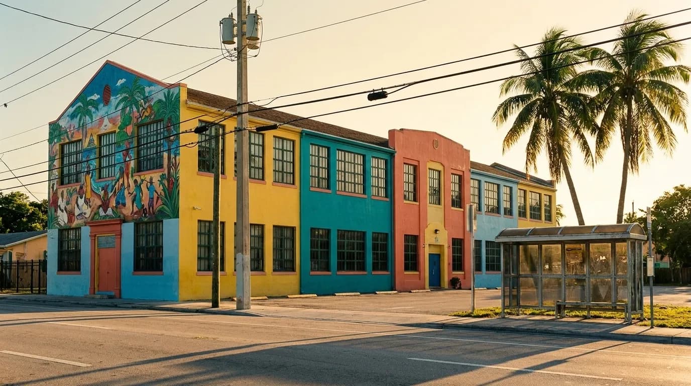 A Little Haiti street in Miami with low-rise buildings in afternoon light