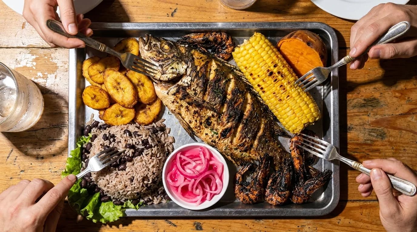A large seafood and grilled meat platter on a table