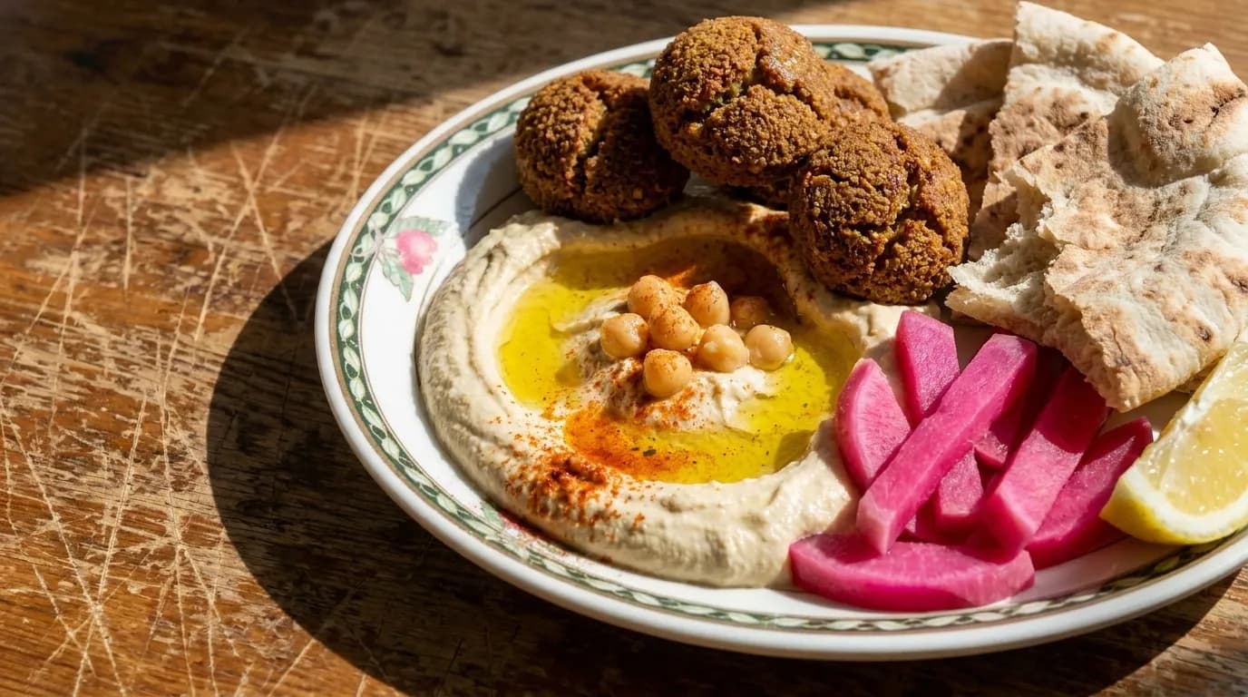 A plate of falafel and hummus with flatbread