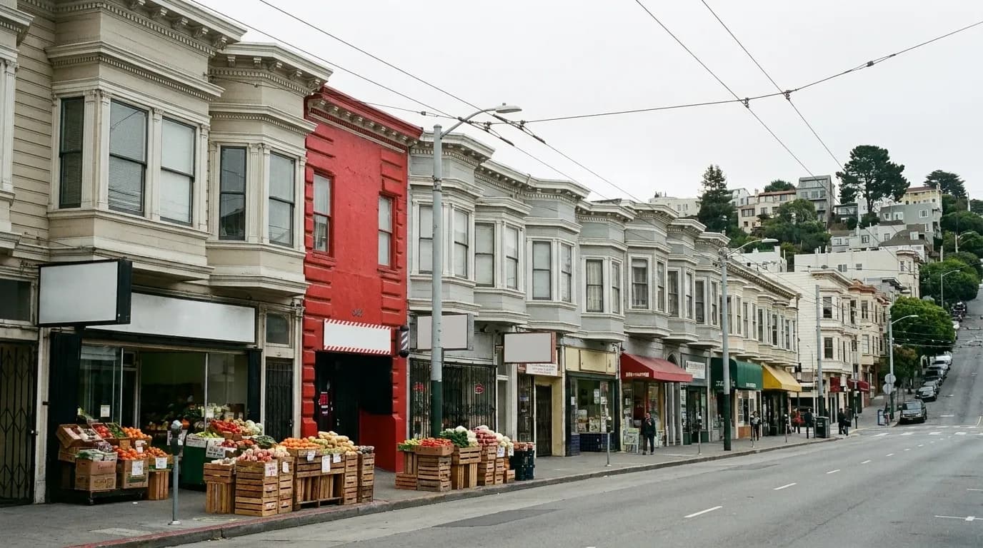 A San Francisco commercial street with small shopfronts