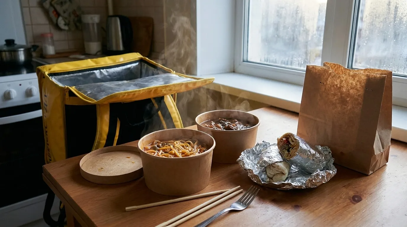 Takeaway containers and a paper bag on a table