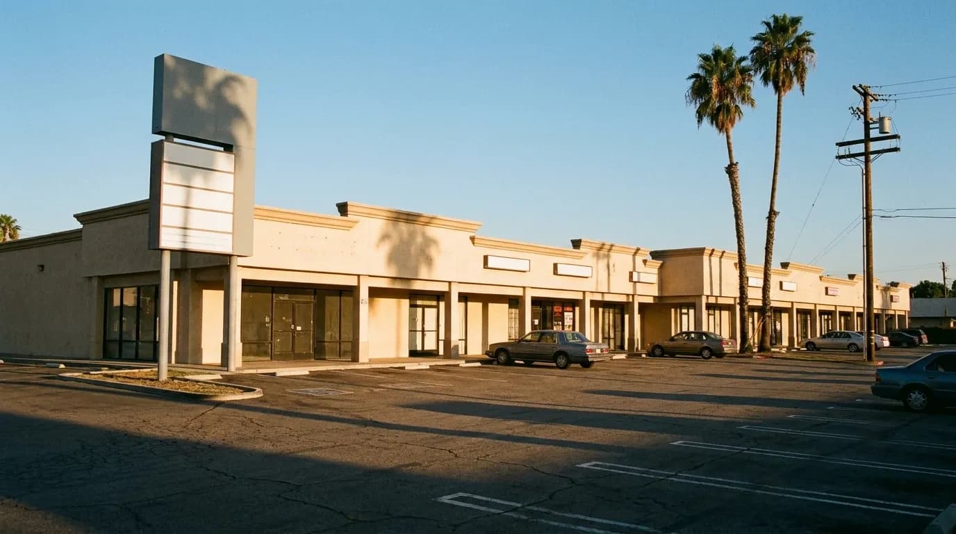 A low-rise Los Angeles strip mall with storefront signs