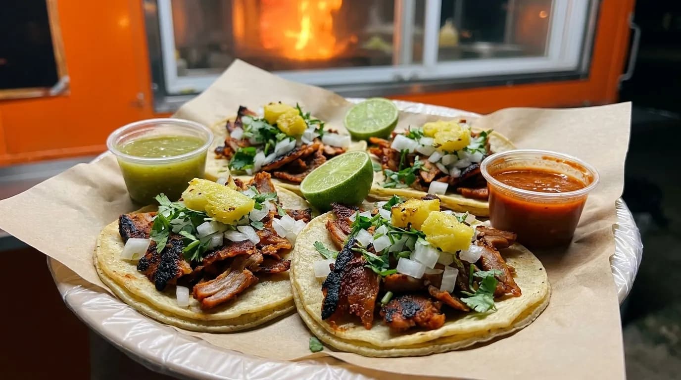 Tacos al pastor on a plate with lime and onion