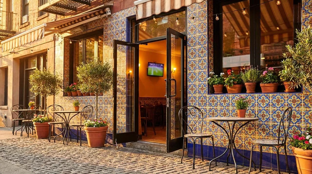Bright Mediterranean-tiled Catalan bar exterior on a sunny afternoon with open glass doors and warm light spilling onto the street.