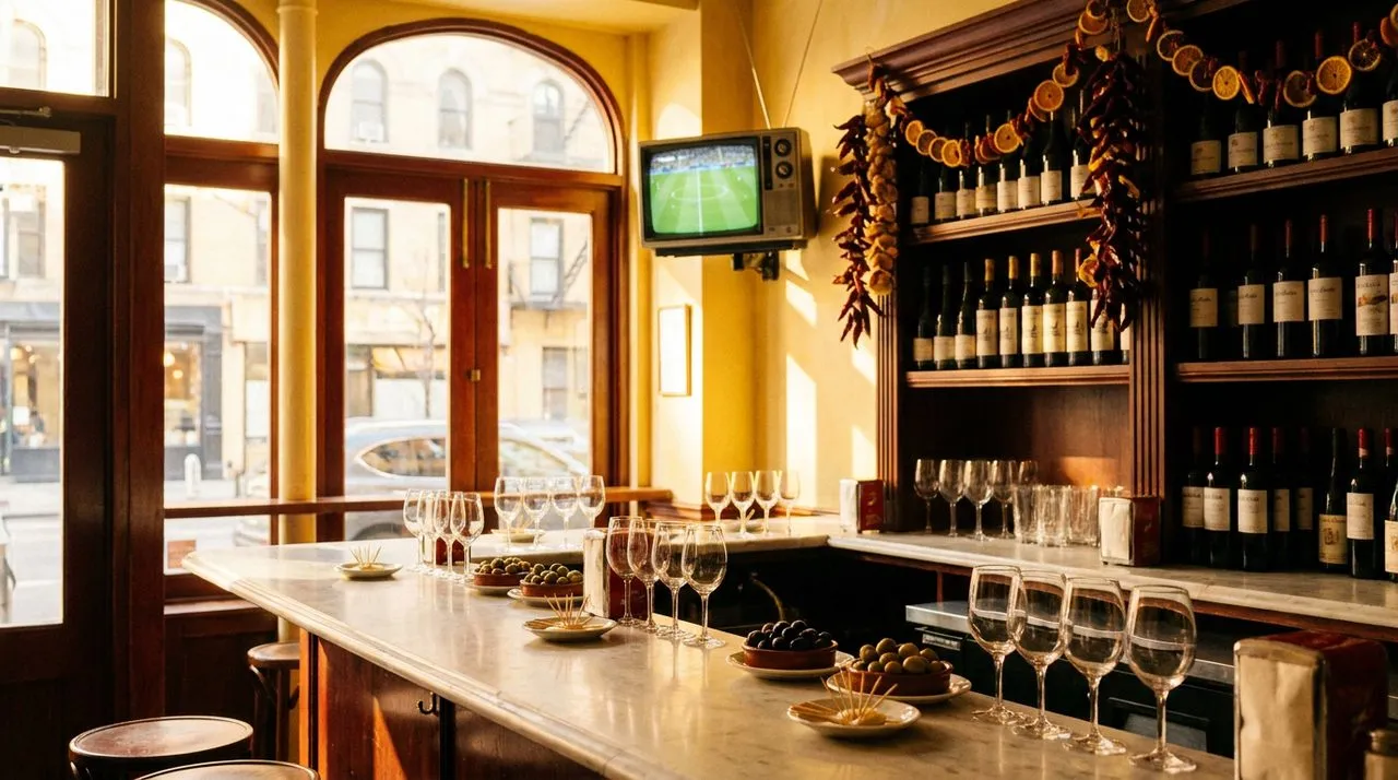 Sunlit Spanish bar interior with marble counter, wine glasses, and a small television in the corner showing a soccer pitch, warm golden afternoon light.