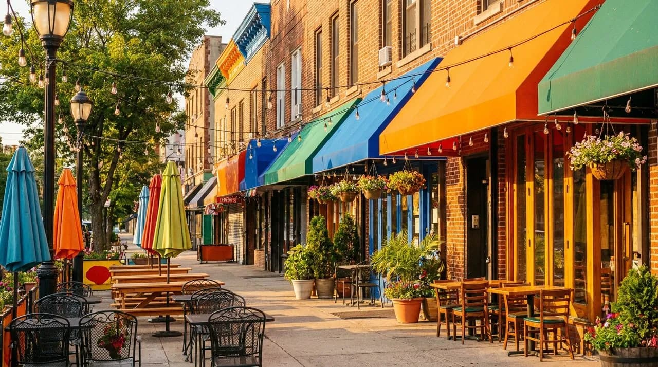 Vibrant Sunnyside Skillman Avenue storefront on a bright afternoon with open patio, hanging lights, and festive neighborhood energy.