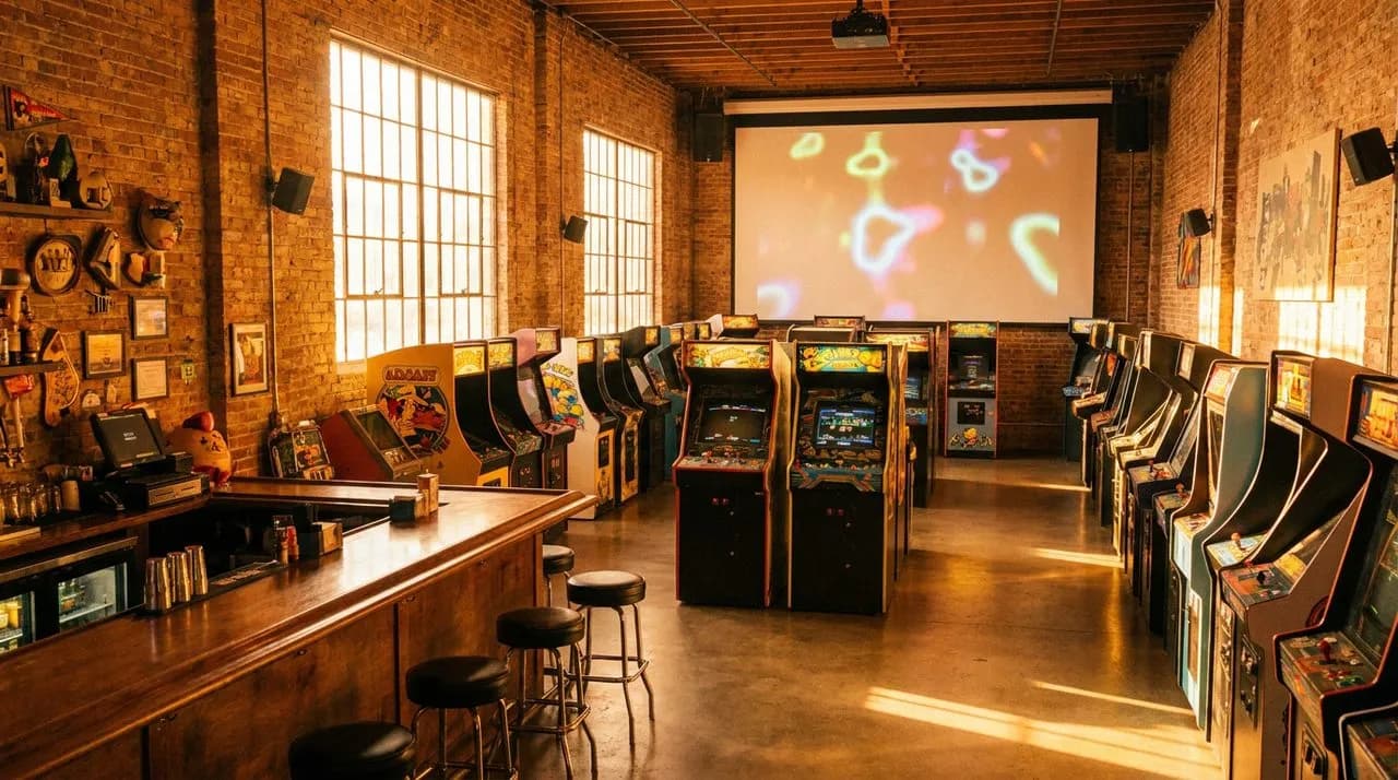 Williamsburg arcade bar interior with vintage cabinets glowing under warm golden light, large projector wall visible in background.