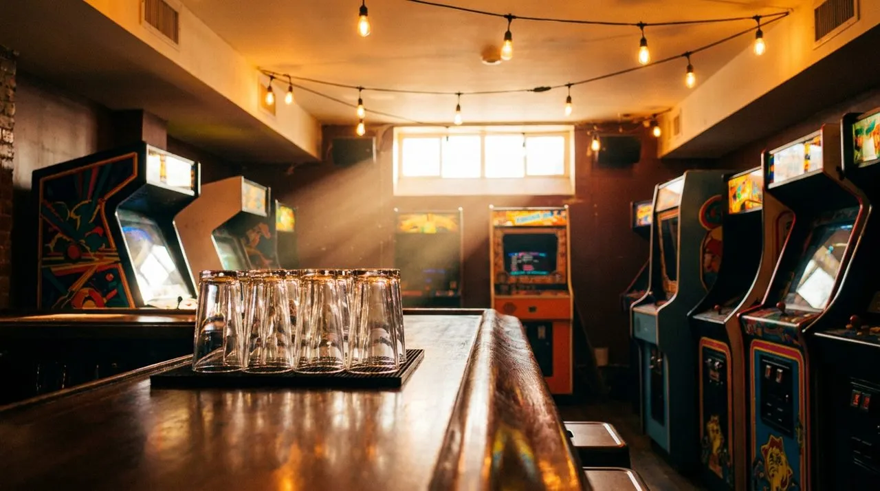Lower East Side basement arcade bar with vintage cabinets glowing in amber light, wooden bar in foreground with empty glasses.