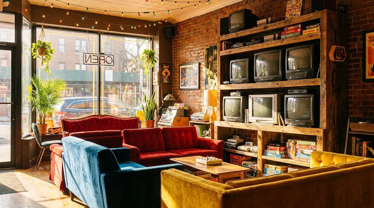 Astoria game bar interior with colorful couches, stacked CRT televisions, warm sunlight through front window, neighborhood atmosphere.