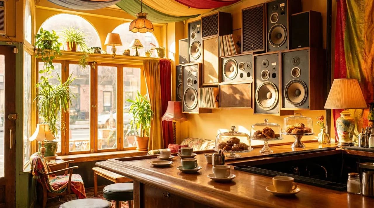 Sunlit East Village bar with vintage stereo speakers lining a wall, morning light through tall windows, polished bar counter with coffee cups and pastries.
