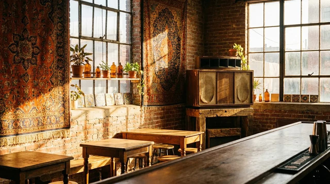 Bushwick cocktail bar with exposed brick, hanging colorful tapestries, a large vintage speaker on a wooden stand, warm afternoon light through windows.