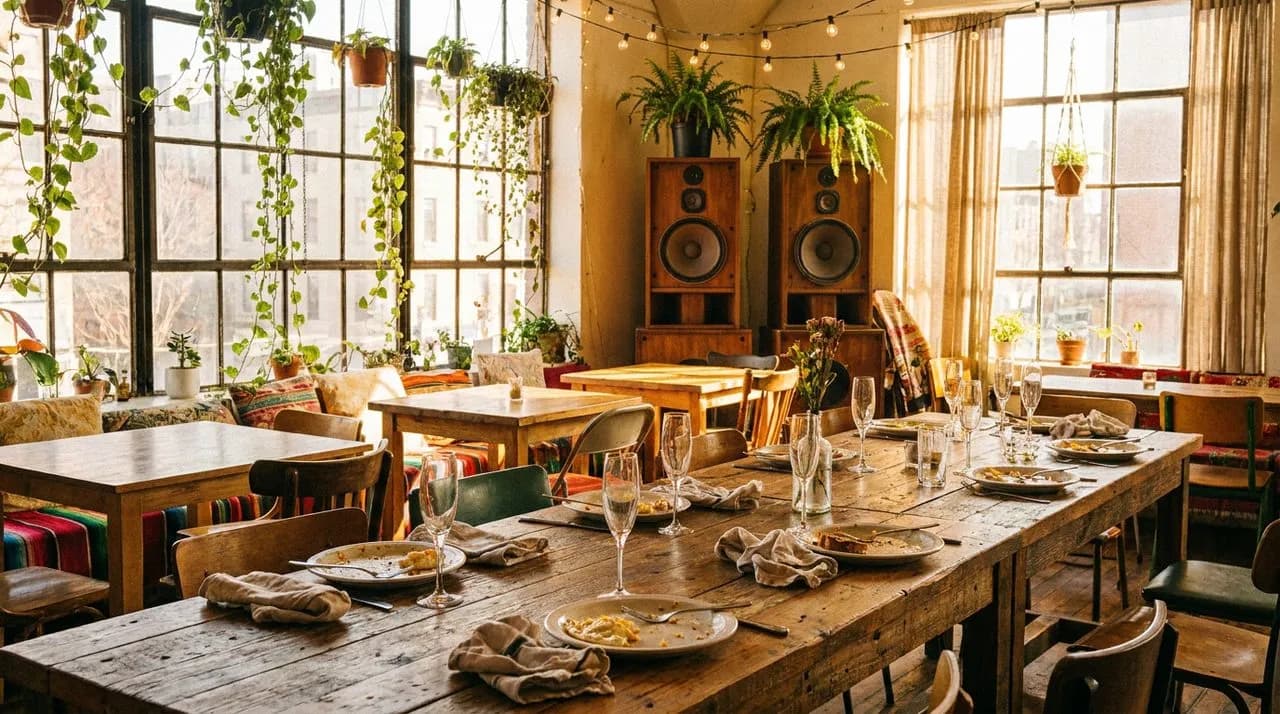 Williamsburg brunch spot interior at midday with large industrial windows, communal table with empty mimosa flutes and brunch plates, vintage speakers in corner, warm light.