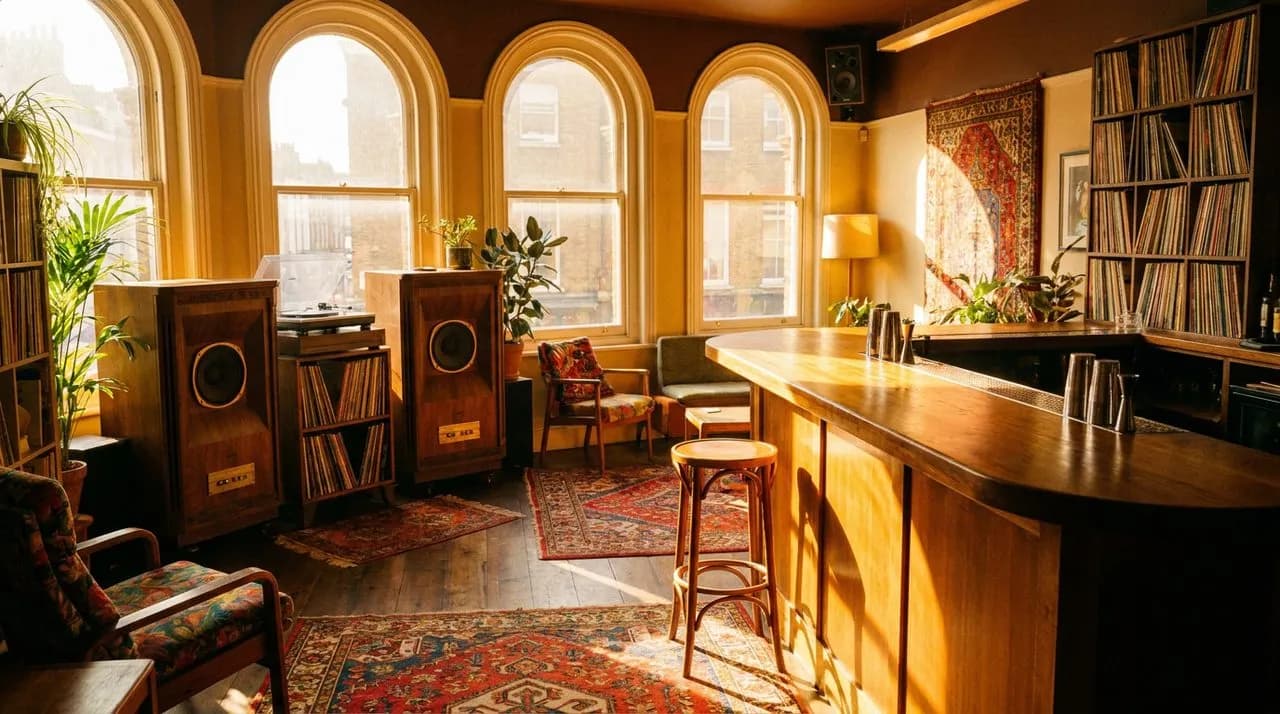 Soho listening bar with warm afternoon light, wooden counter, vintage speakers, and turntable in a quiet interior.