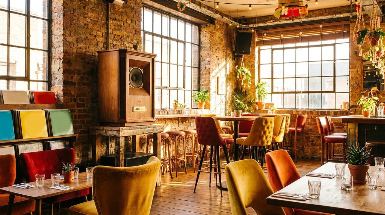 Shoreditch cocktail bar with industrial windows, exposed brick, vintage speaker on wooden stand, and vinyl records displayed.