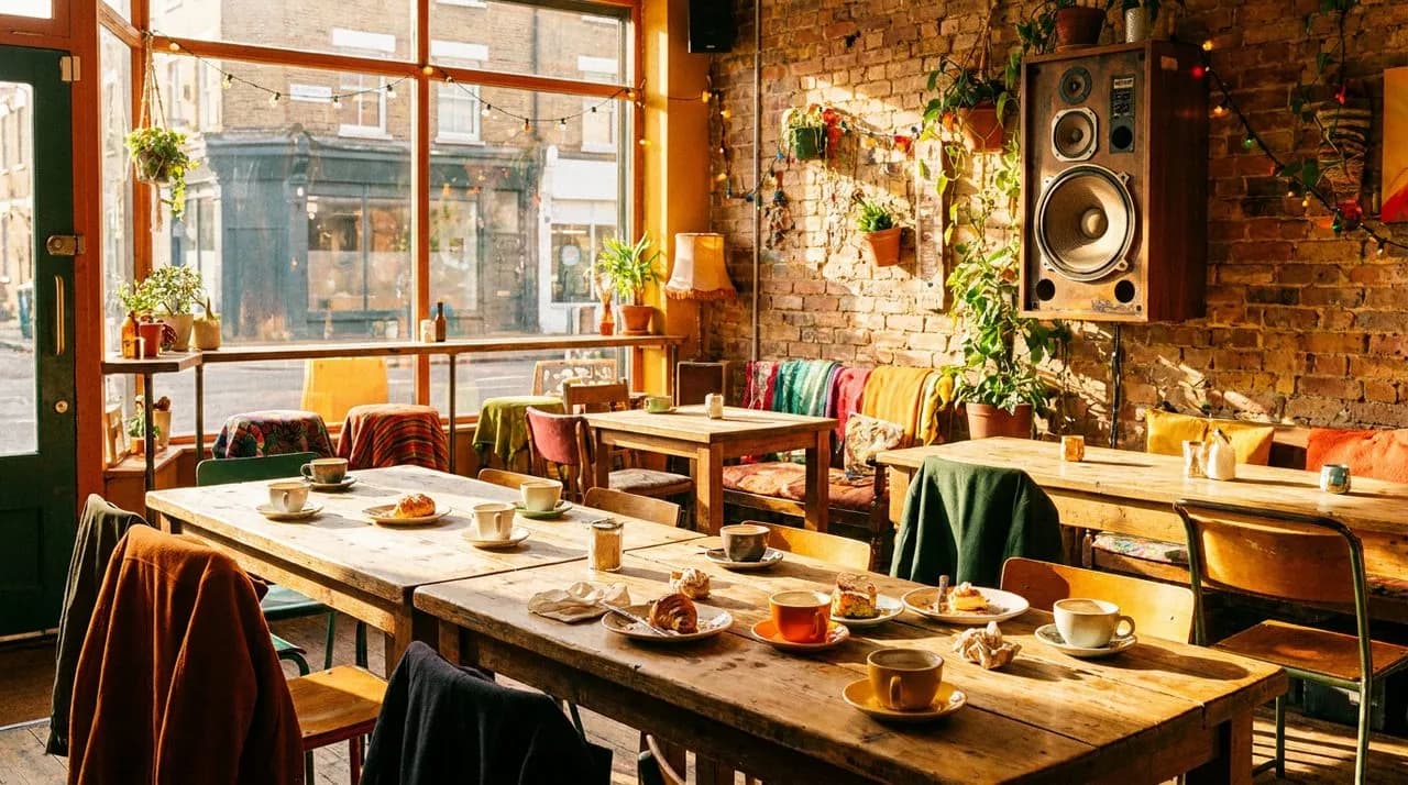 Hackney café interior with morning light, communal tables with coffee cups, large wall-mounted speaker, and festive atmosphere.