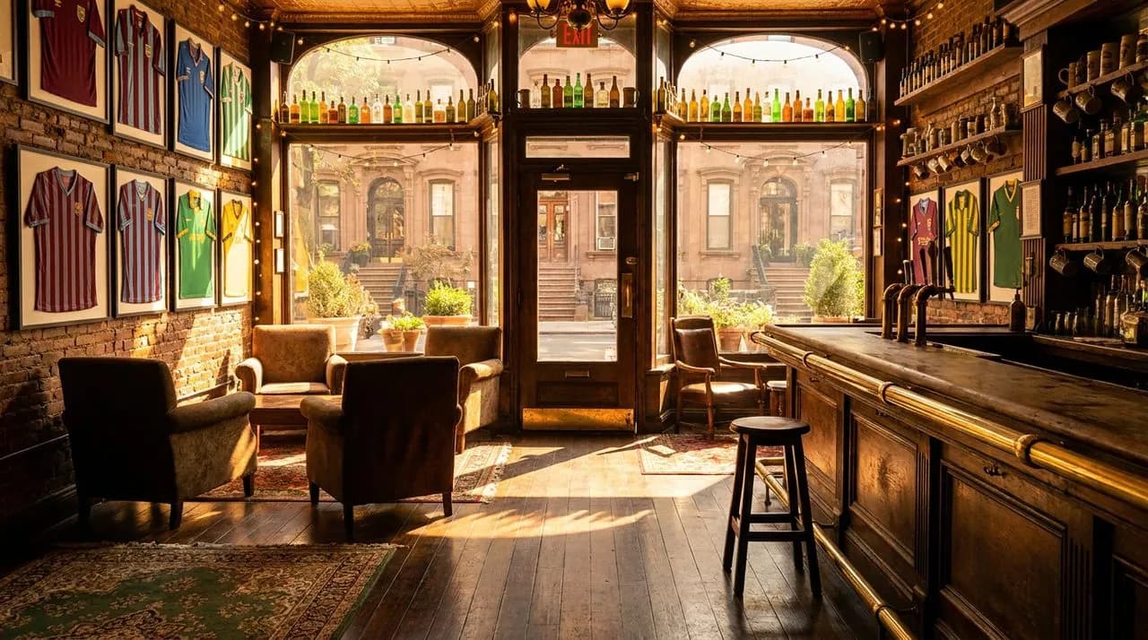 A sunlit English pub counter in Hells Kitchen with one empty stool, warm wooden bar, and vintage football jerseys on the walls.