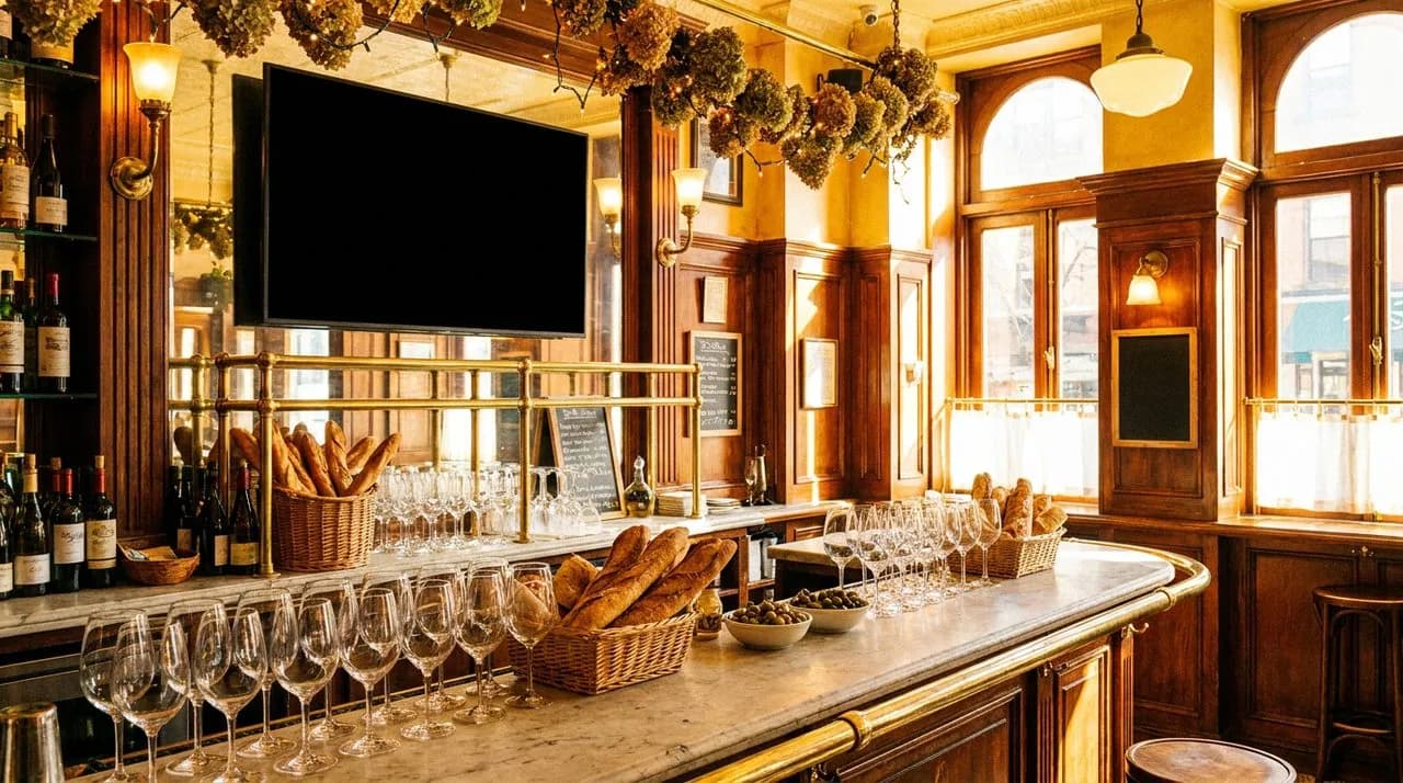 A sunlit French bistro bar on the Lower East Side with marble counter, empty wine glasses, and warm wood paneling.