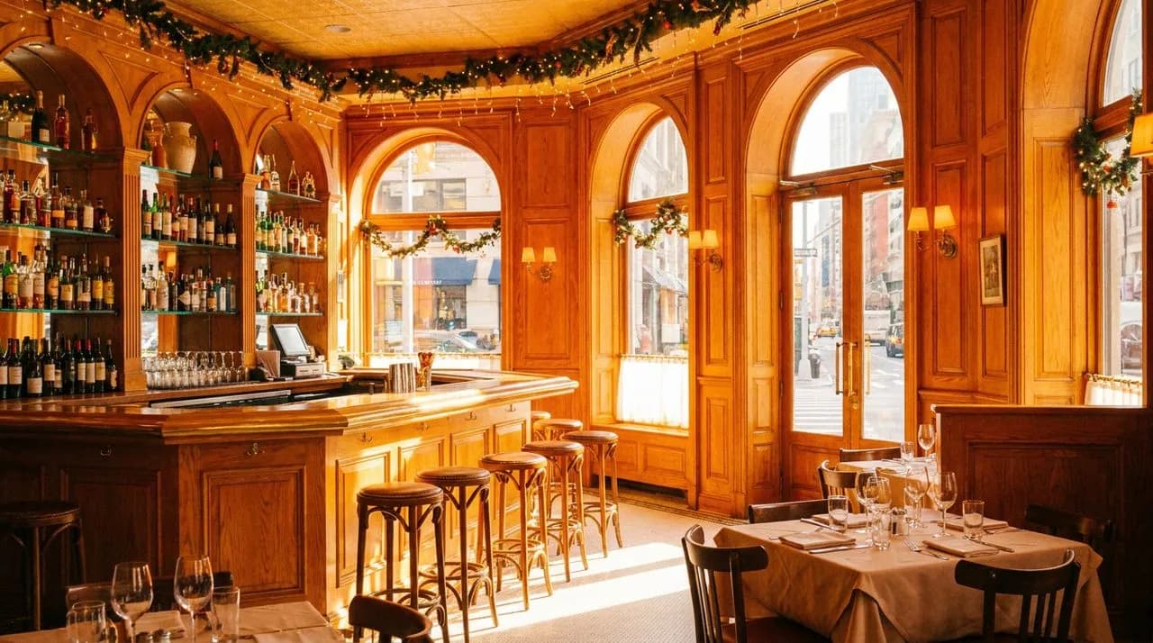 A Midtown East French restaurant bar with honey wood paneling, polished counter, and golden afternoon light through arched windows.