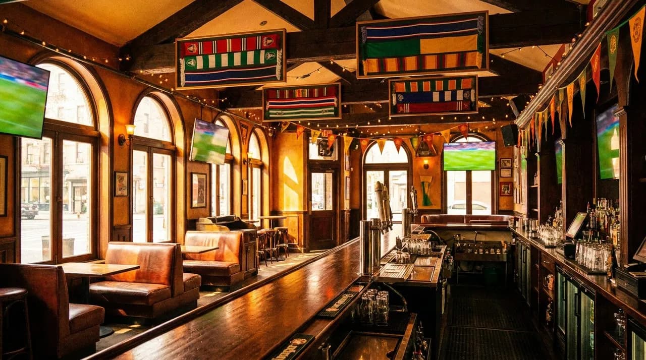 Bright Manhattan sports pub interior on a sunny Saturday afternoon, long polished wooden bar with framed colorful soccer scarves hanging overhead, warm golden light through tall front windows.