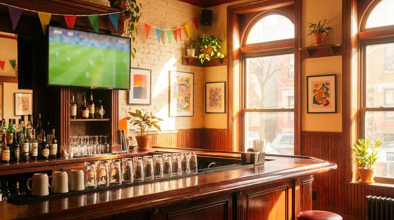 Sunlit Park Slope corner bar interior on a bright weekend morning, warm light through arched windows, polished bar with empty pint glasses, mounted TV above showing a soccer pitch.