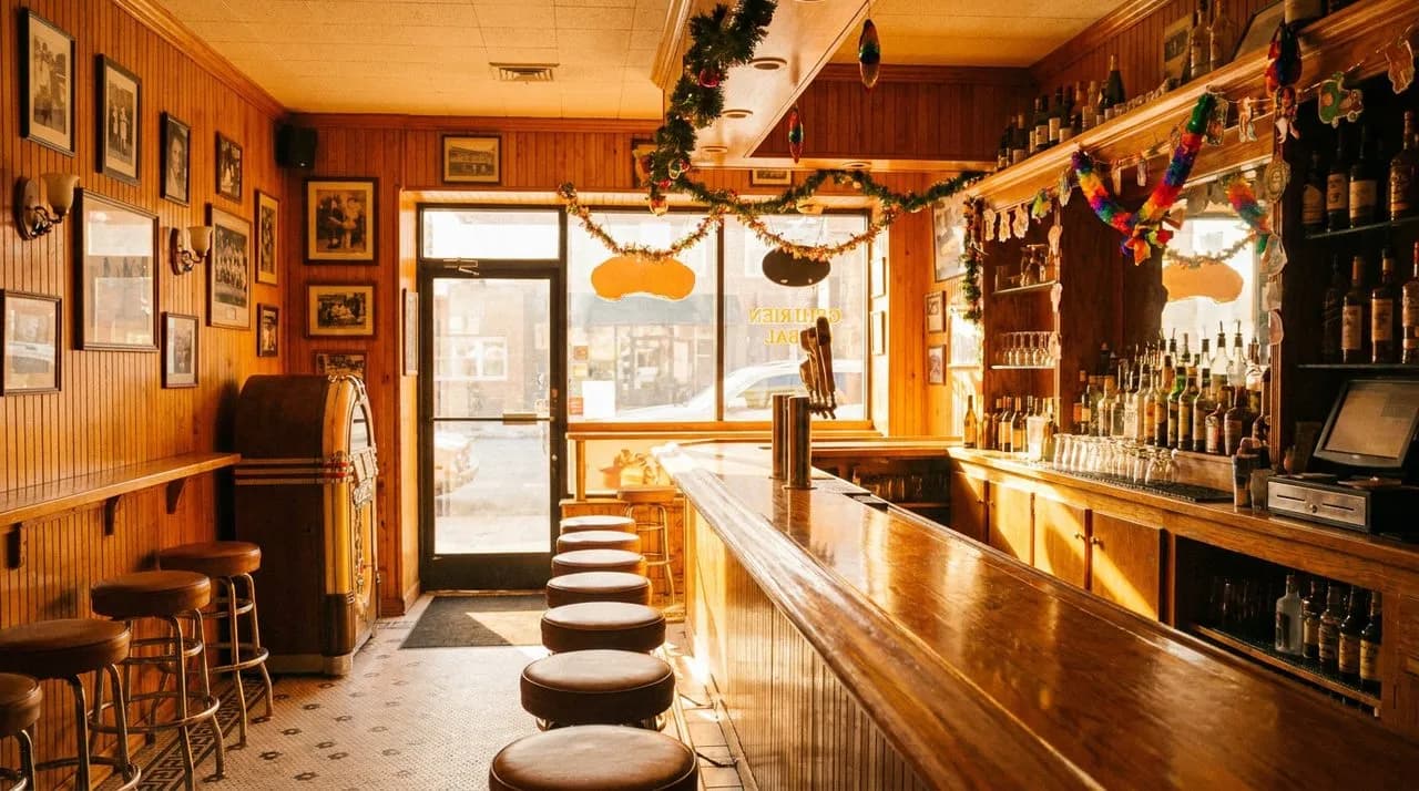 Vibrant Astoria Queens Greek-American bar interior on a sunny afternoon, warm honey wood paneling, golden sunlight through the front window, polished bar counter, festive neighborhood atmosphere.