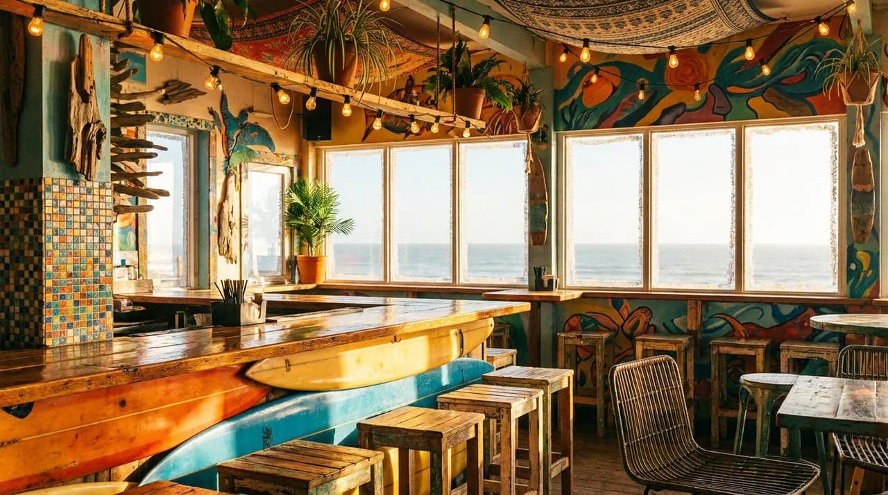 Outer Sunset beach bar interior with warm light through large windows, polished bar counter with surfboard-themed elements, festive atmosphere.