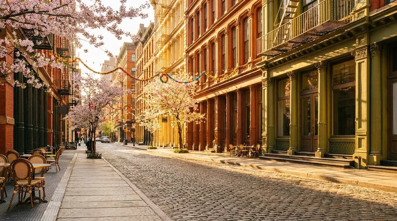 Tribeca street at golden hour with warm sunlight on cast-iron facades and blossoming trees.