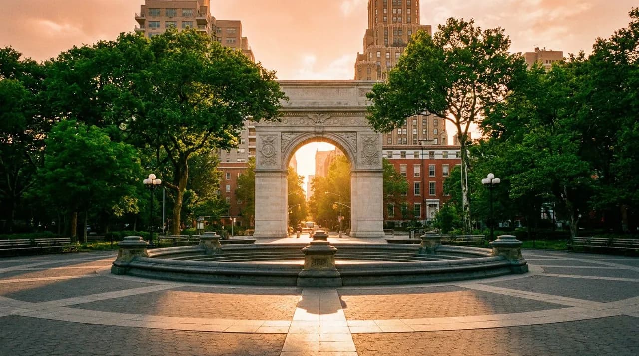 Washington Square Park at golden hour with warm light through the arch and lush green canopies.