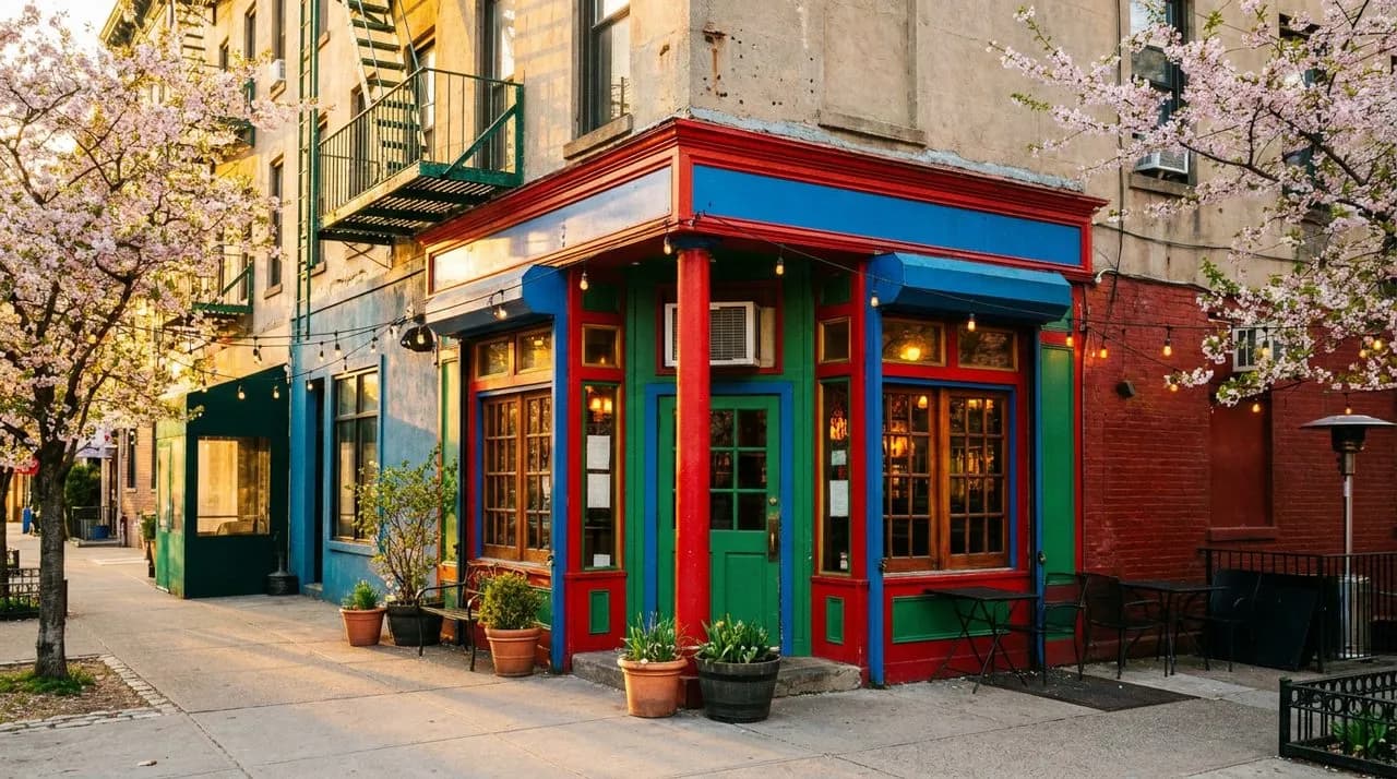 Inwood corner pub storefront at late afternoon with golden sunlight and blossoming street trees.