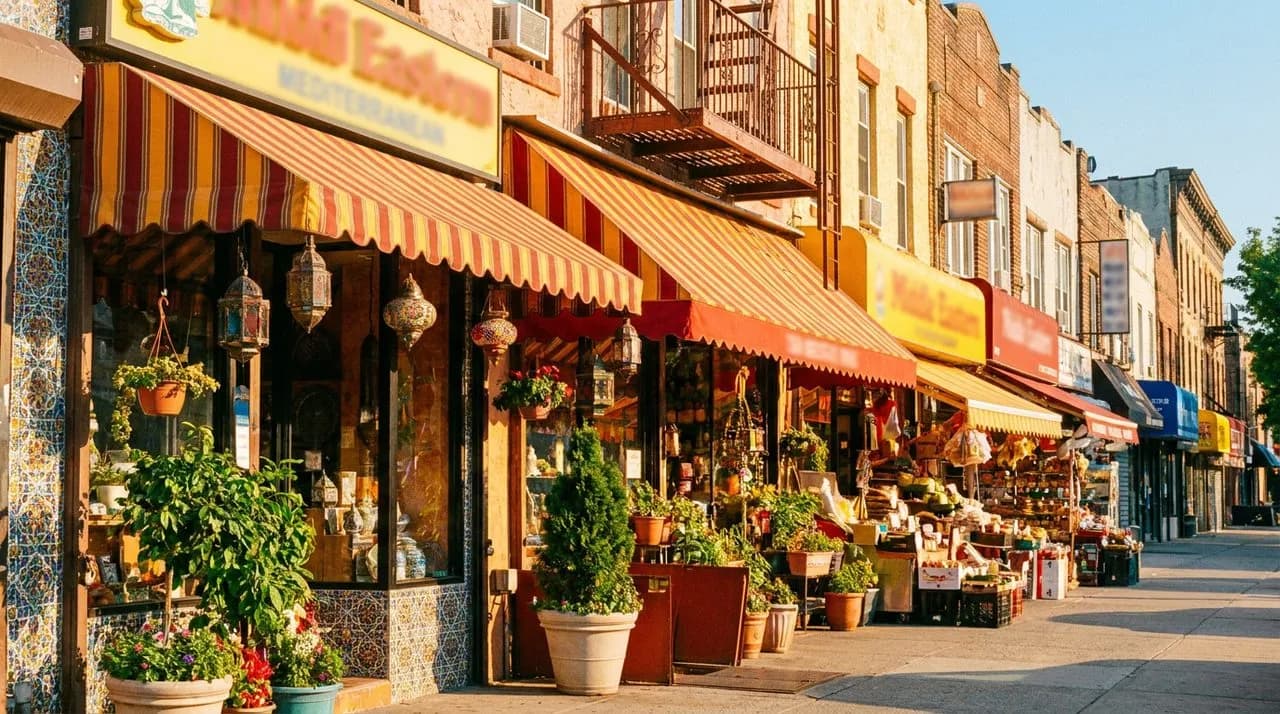 Bright Astoria Queens 30th Avenue street scene with warm Mediterranean and Middle Eastern storefronts under afternoon sunlight.