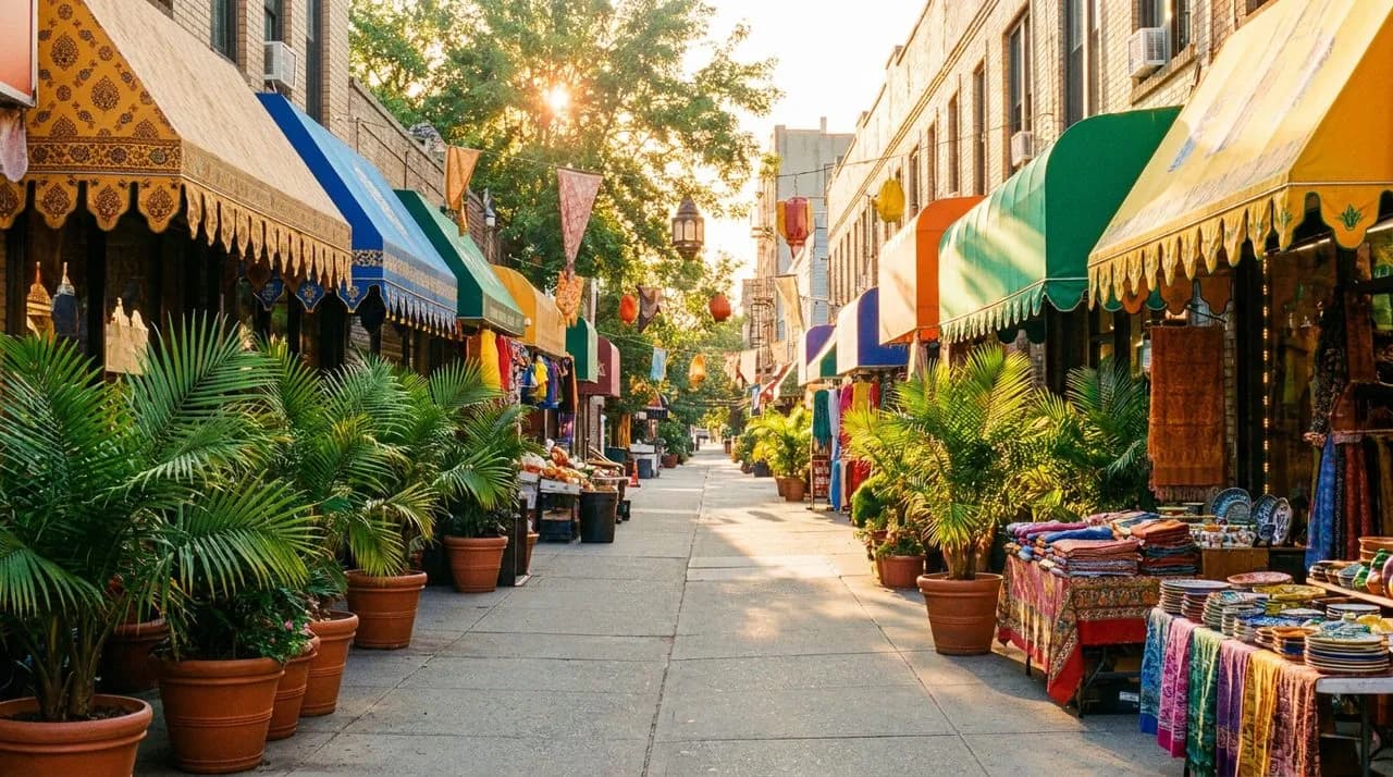 Sunlit Steinway Street Astoria Queens storefronts with warm afternoon light on colorful Bangladeshi and Egyptian awnings.