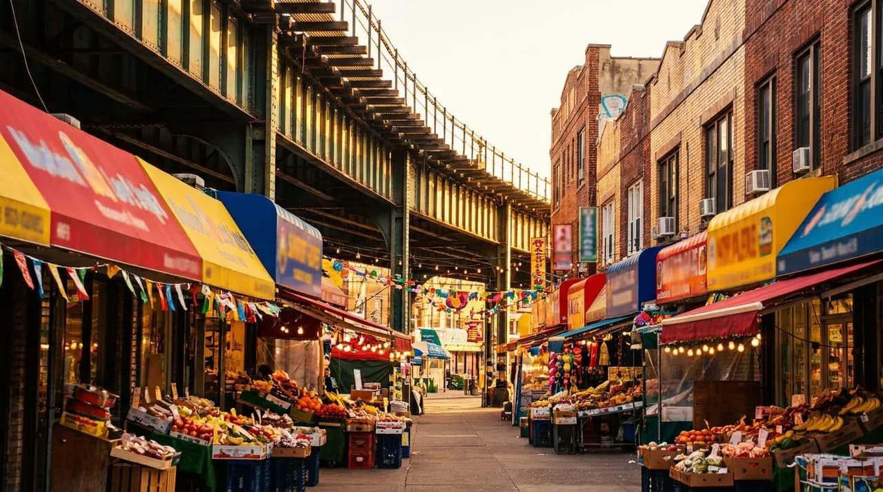 Vibrant Roosevelt Avenue Jackson Heights under the elevated 7 train, warm golden light on colorful Ecuadorian and Mexican storefronts.
