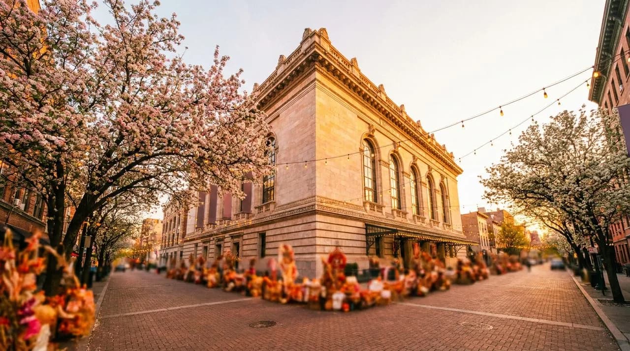 Warm golden hour light on BAM's historic 1908 facade with blossoming street trees and wide sidewalk.