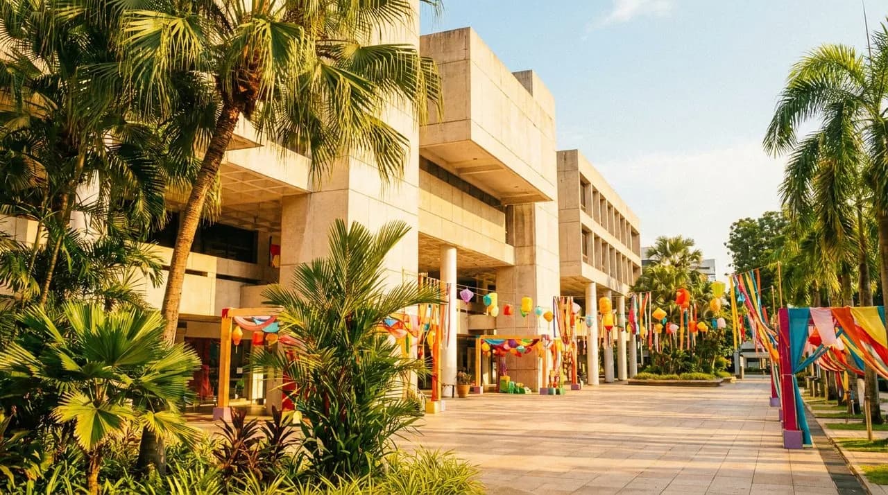 Sunlit Bras Basah Complex exterior on a bright tropical afternoon, warm light on the modernist concrete facade with palm trees in the foreground.