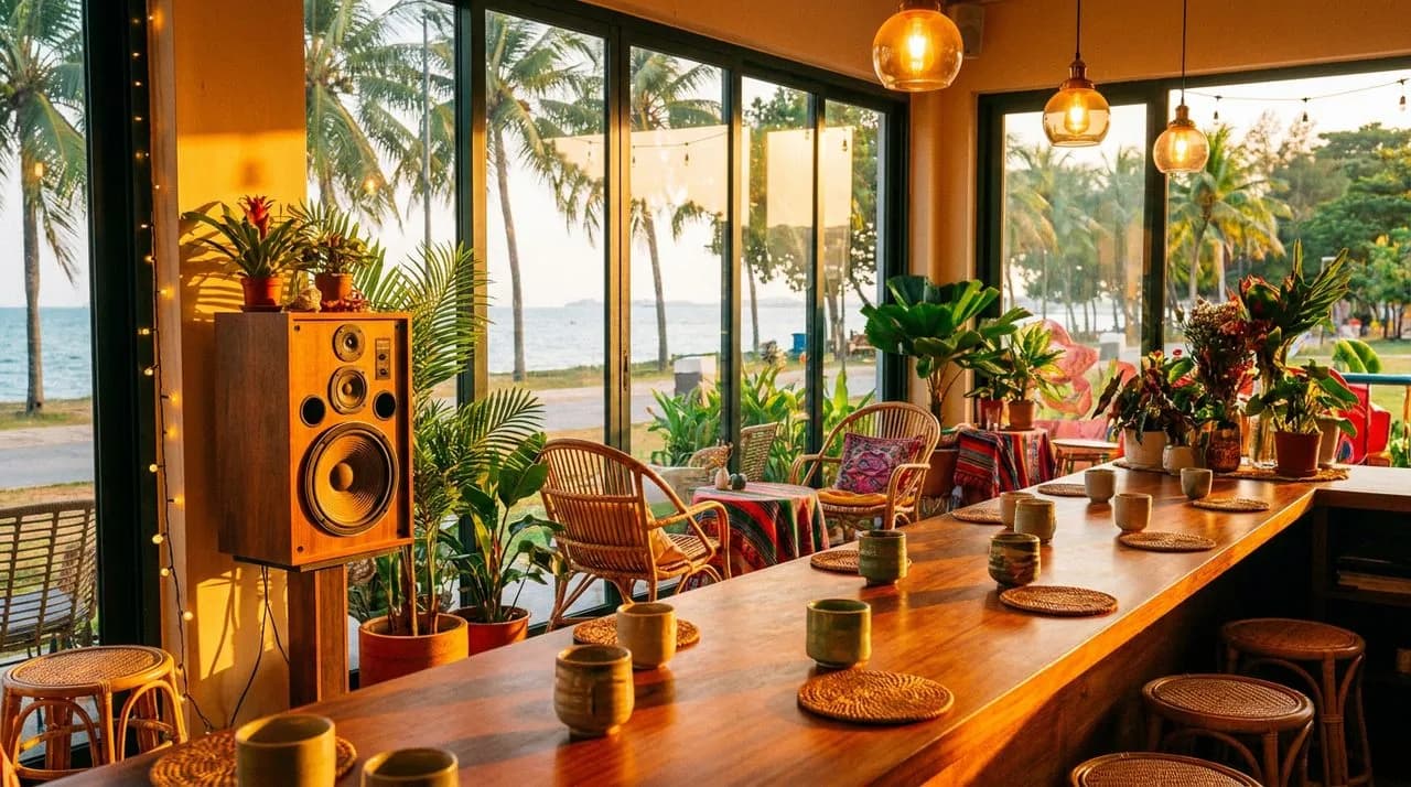 Vibrant East Coast café interior at warm late afternoon, with sunlight through floor-to-ceiling windows, wooden bar counter with matcha cups, and a vintage speaker on a wooden stand.