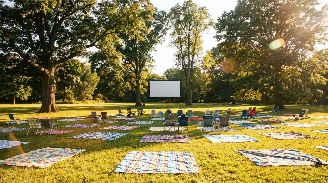 Prospect Park's Long Meadow at golden hour with a blank outdoor projector screen mounted between mature trees, colorful picnic blankets arranged on grass.