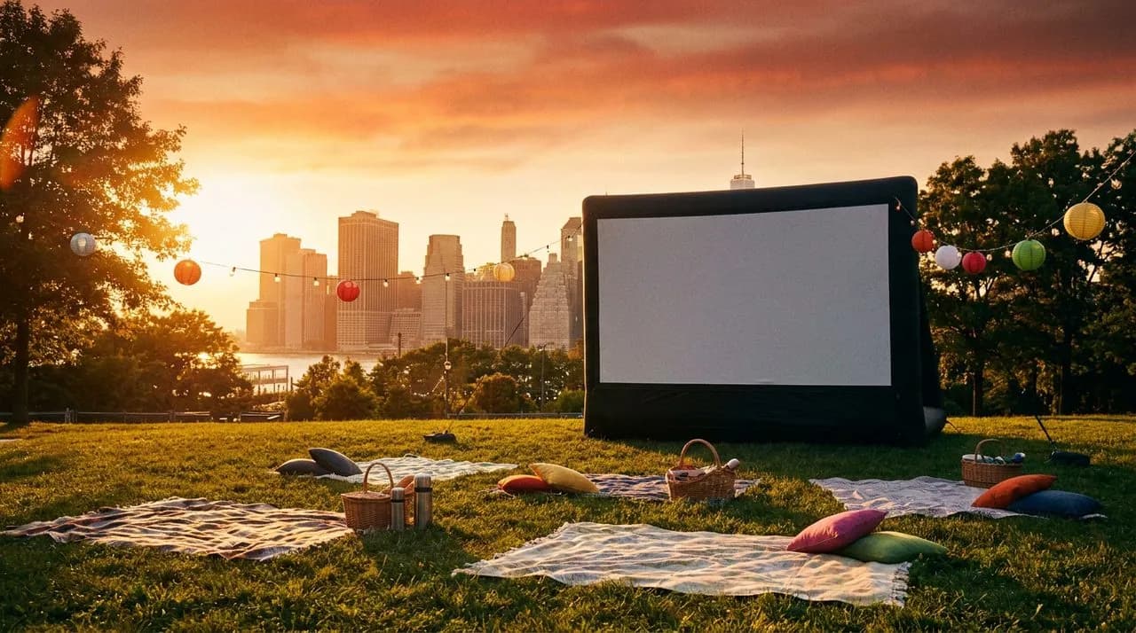 Sunset Park Brooklyn hilltop at late afternoon with golden Manhattan skyline silhouette, a blank inflatable outdoor projector screen on grass, picnic setup visible.