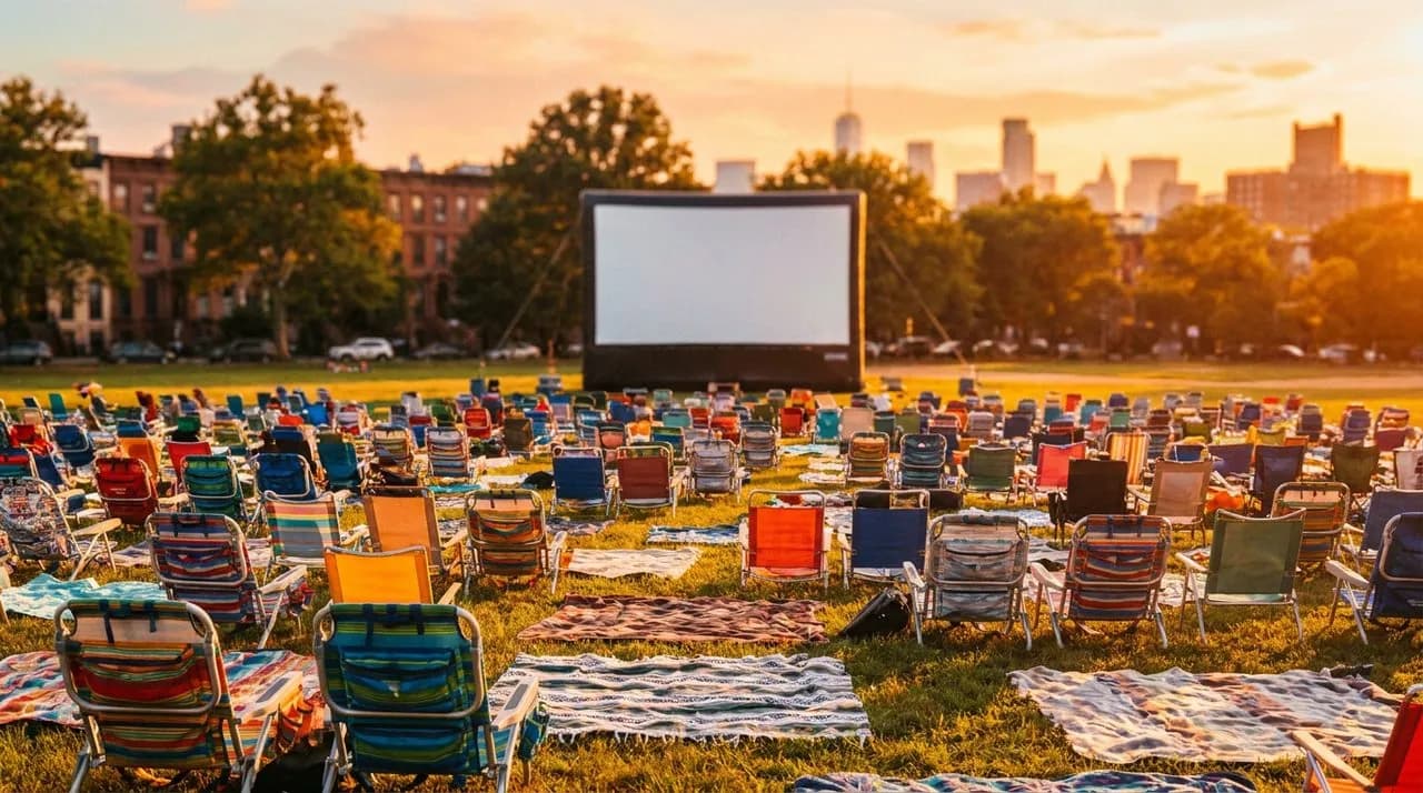 McCarren Park Brooklyn at golden hour, wide green field with blank pop-up outdoor screen, colorful folding chairs and blankets, festive summer park atmosphere.