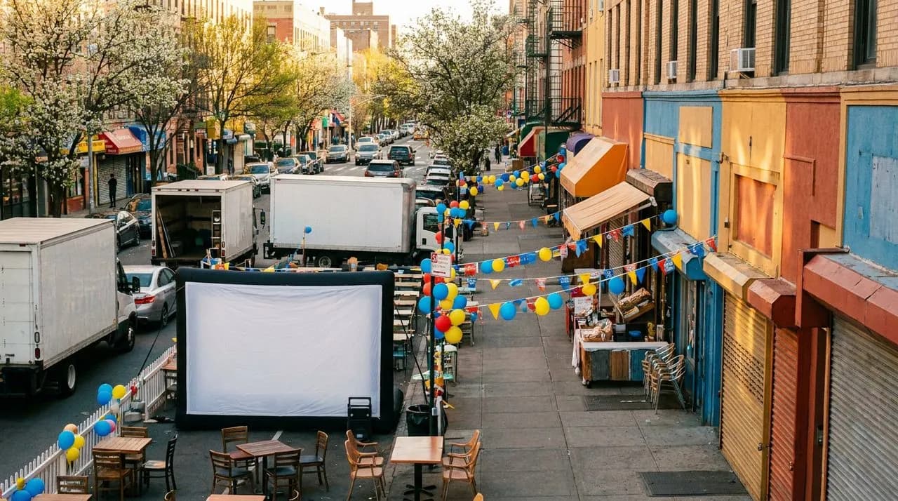 Bright sunny Washington Heights street scene with colorful storefronts and a blank outdoor pop-up screen at golden hour.