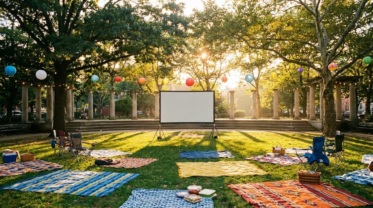 Sunlit Astoria Athens Square park at late afternoon with a blank pop-up outdoor projector screen on grass and colorful picnic blankets.