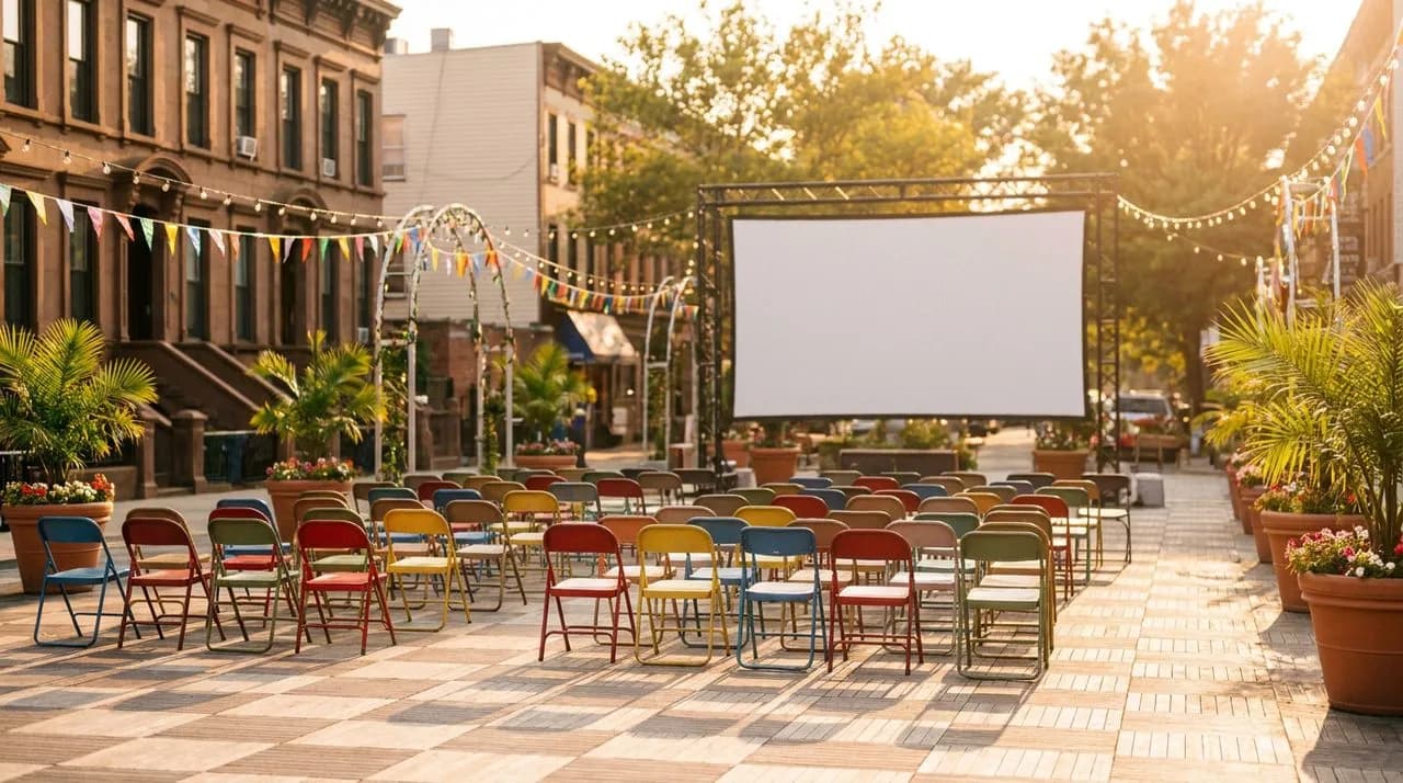 Vibrant Bay Ridge Brooklyn community plaza at golden hour with a blank pop-up outdoor screen and colorful folding chairs in rows.