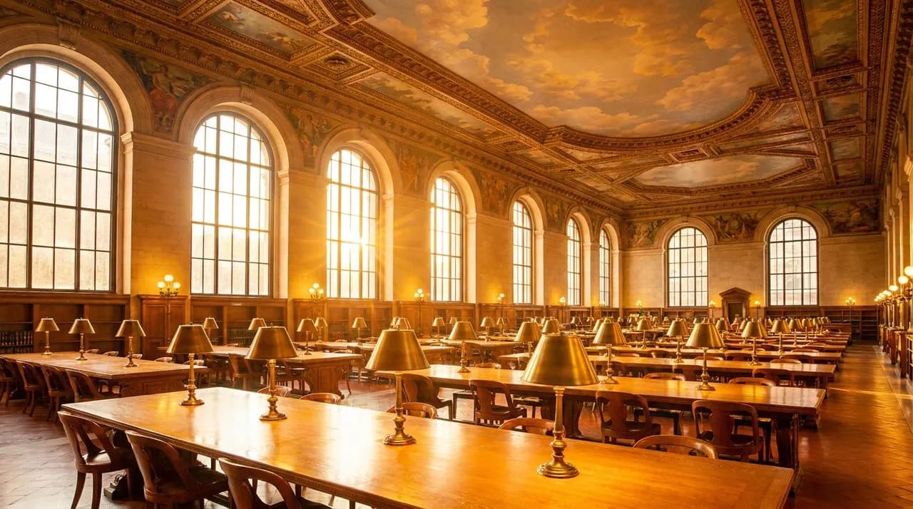 Schwarzman Building Rose Reading Room with warm sunlight through arched windows, polished wooden tables, and brass reading lamps.
