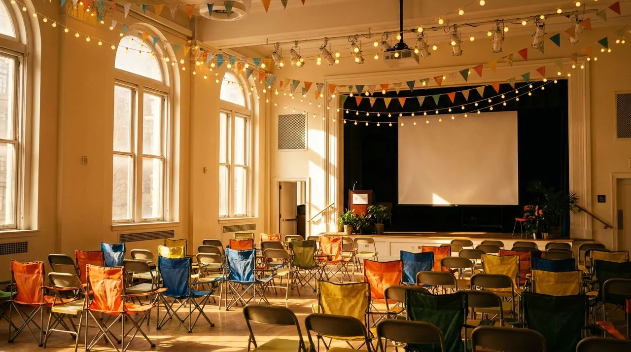 Mid-Manhattan Library auditorium with rows of colorful folding chairs and a blank projector screen on stage in warm afternoon light.