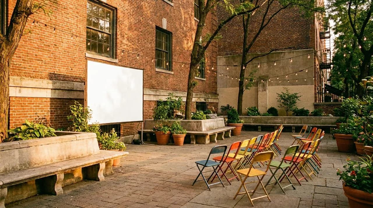 Hudson Park Library courtyard at late afternoon with golden sunlight on brick facade, pop-up projector screen, and curved rows of folding chairs.