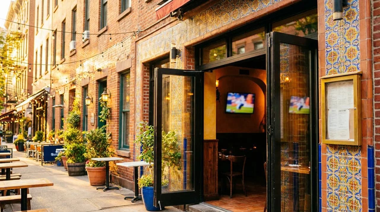 Bright West Village Spanish bar with Mediterranean tile facade and open glass door, warm golden afternoon light, two small TVs visible inside.
