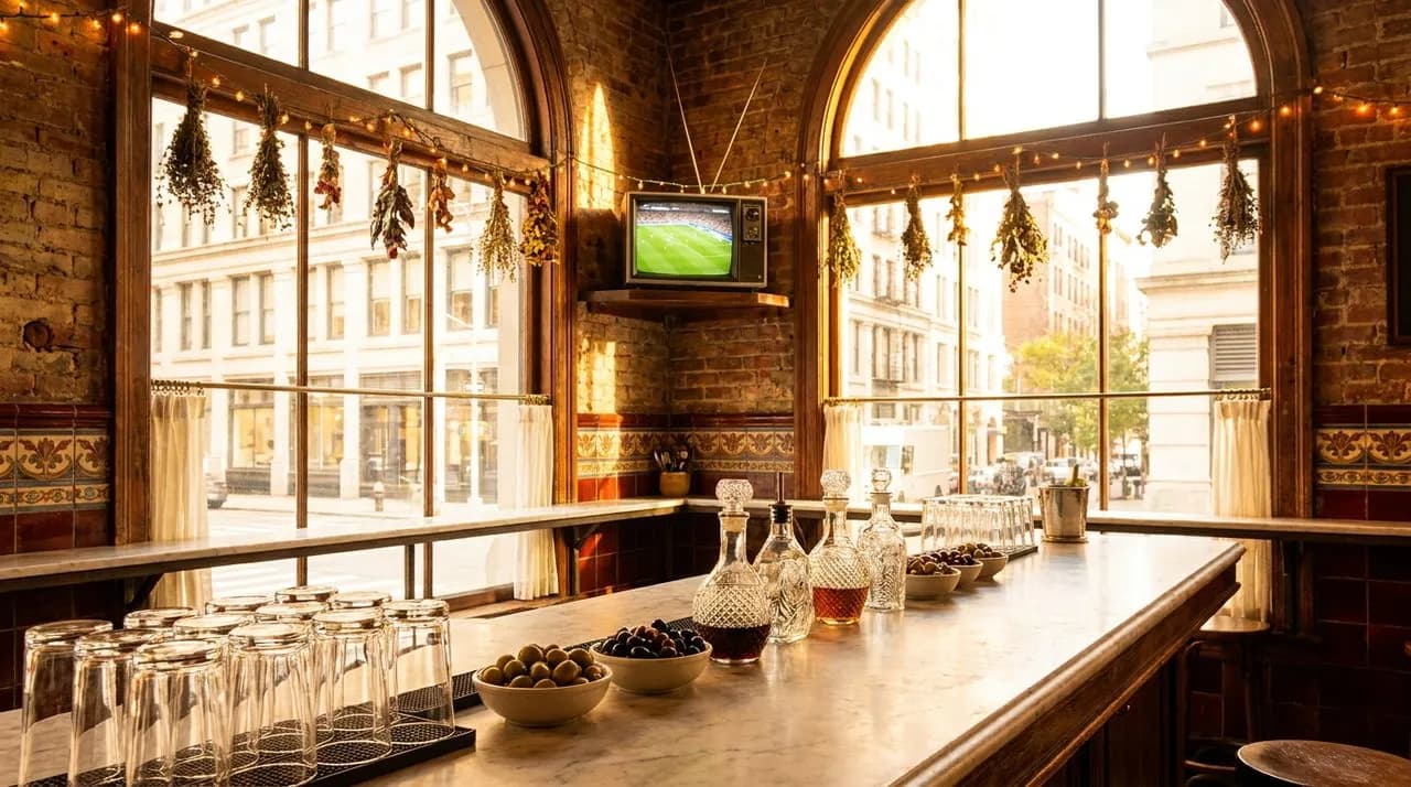 Flatiron interior with marble counter, empty wine glasses, olives, and small TV in corner showing a soccer pitch in warm afternoon light.