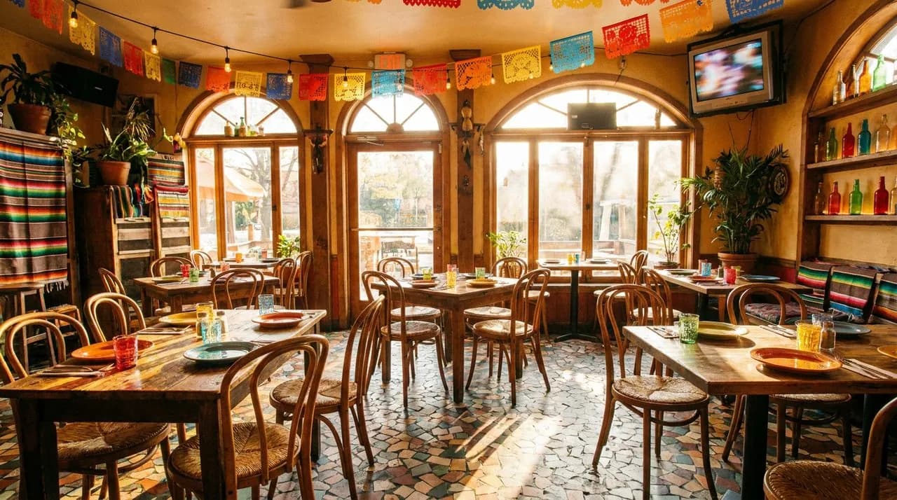 Sunnyside Queens cantina interior with tile floor, wooden tables, small TV glowing in corner, bright sunlight, festive atmosphere.