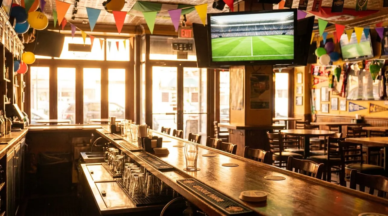 Bright Hells Kitchen sports pub on a sunny Sunday afternoon, golden light through tall windows, polished wooden bar, mounted screen showing soccer pitch, festive warm atmosphere.