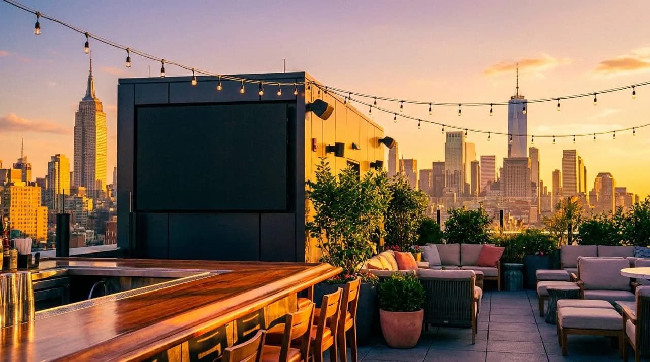 Hudson Yards rooftop bar at late afternoon, golden Manhattan skyline in background, polished wooden bar counter, large LED screen mounted on side, festive urban atmosphere, warm saturated colors.