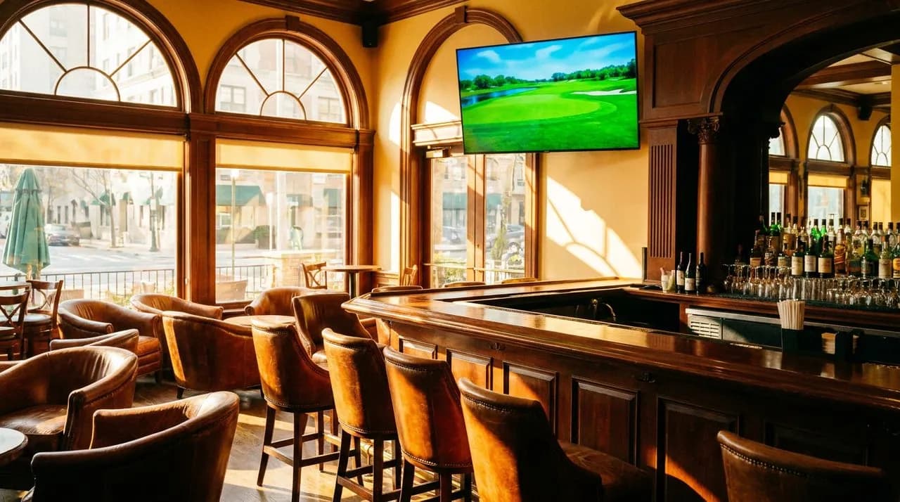 Midtown East clubhouse-style bar with polished dark wood, leather chairs, and mounted golf screen on a sunny Sunday afternoon.